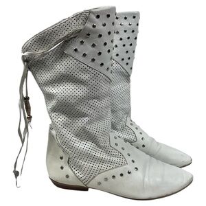 VTG LJ Simone Studded Leather Boots Western 80s Booties Tassels White Calf Retro